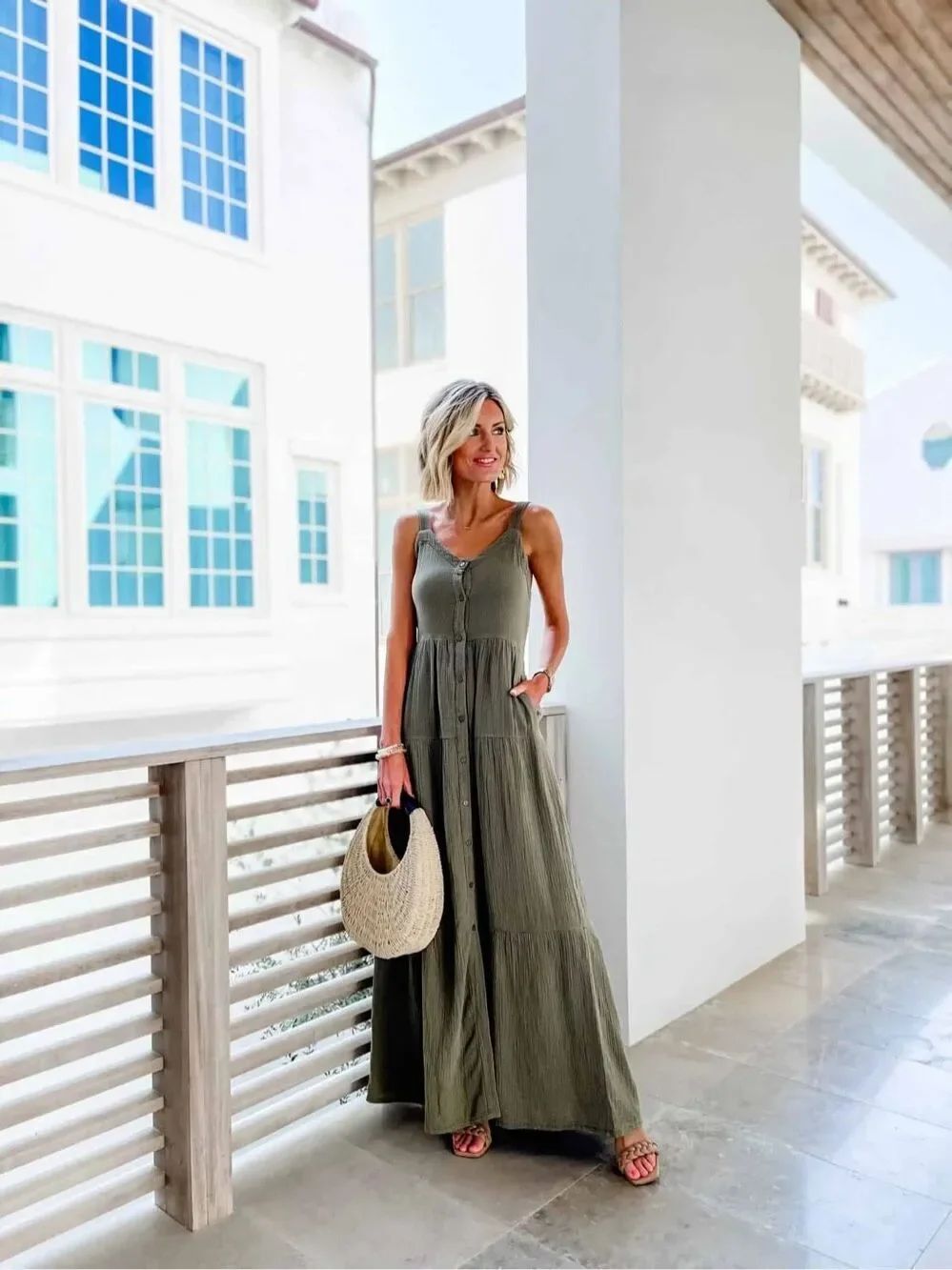 Evereve Women’s Lila Sage Green Gauze Cotton Button Front Sleeveless Maxi Dress